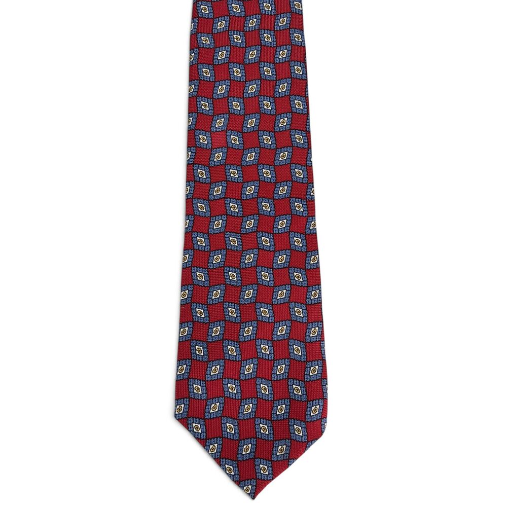 Vintage Liberty of London Geometric Checkered Silk Men's Tie Red Blue Foulard